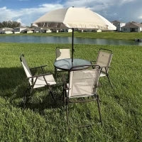 6 pz Set Mobili da Giardino in Tubi d'Acciaio,   Tavolo da Giardino con Sedie e Ombrellone, Crema