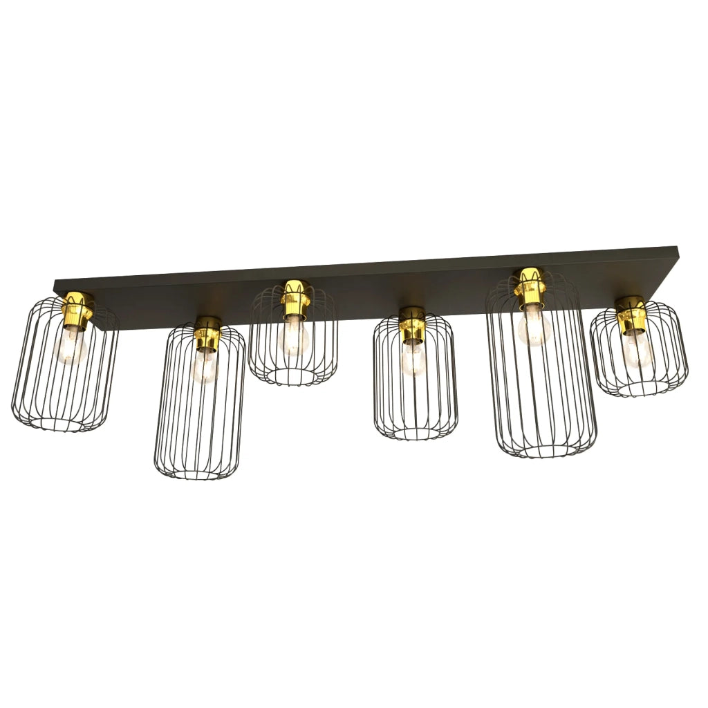 Plafonriera Minimal Industrial Vulcano 6 Luci Lineari Nera E Oro