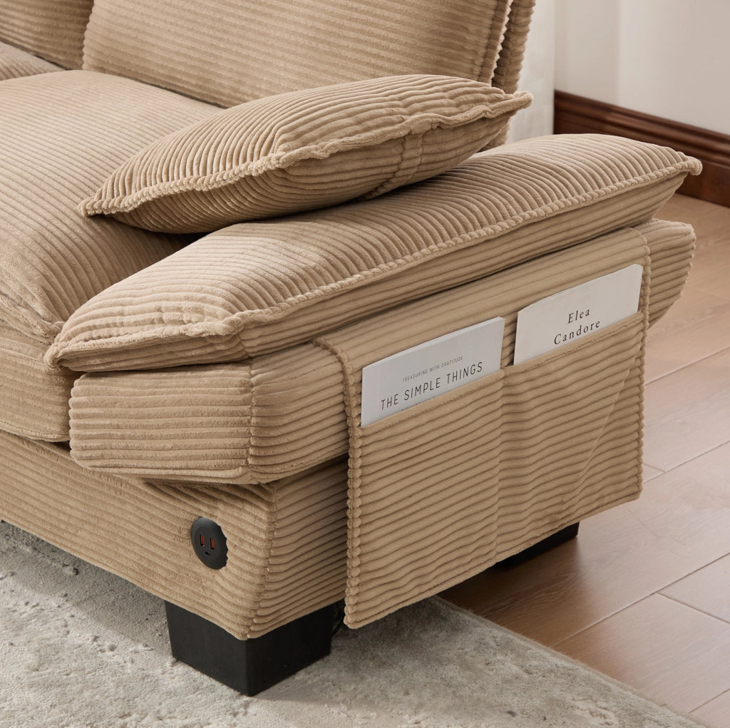 Divano modulare 3 posti in velluto a coste khaki con pouf