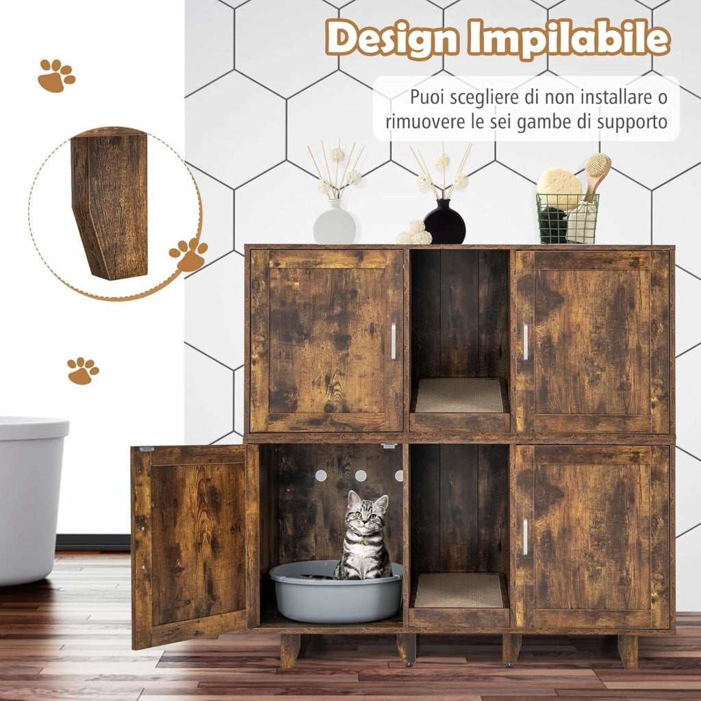 Mobile per Lettiera per Gatti 120 x 52 x 65 cm, Casetta per Gatti con 2 Ante, Fori, Tiragraffi e Gambe Staccabili, Mobile Versatile e Moderno per Salotto (Marrone e nero)