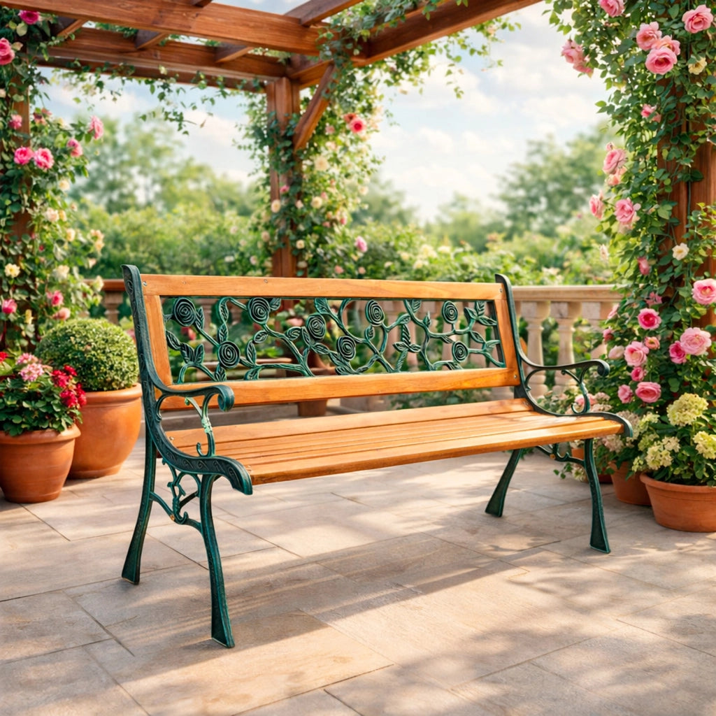 Panchina Da Giardino 2 Posti In Legno Design Vintage Con Schienale A Rose Elegante E Resistente Ideale Per Esterni Terrazzo Balcone Arredo Giardino Classico 124 x 52 x 74 Cm