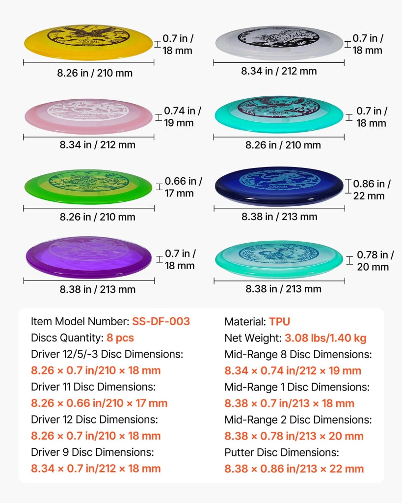 Set Disc Golf 8 Pezzi SS-DF-003 in TPU con Putter Mid-range e Driver per Giardino e Parco