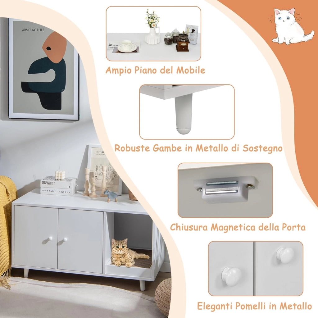 Mobile per Lettiera per Gatti 90 x 50 x 50 cm, Cassetta Igienica per Gatti con Doppia Anta, Divisore, Ingresso Avvolgibile, Tiragraffi e Gambe di Metallo Solido (Bianco)