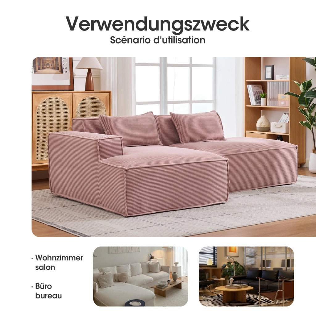 Divano lineare compatto con cuscini e seduta elastica per piccoli spazi in poliestere rivestito rosa baby 235 cm