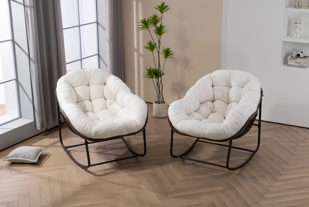 Sedia a dondolo da esterno in rattan bianca 78×106×90 cm
