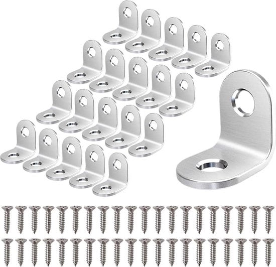 Angoli di acciaio inossidabile 90 gradi a forma di L 20 x 20 mm - 100 pezzi con viti - per tavoli, sedie, mobili in legno - argento Nero S.