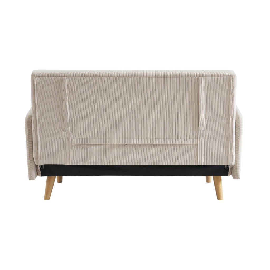 Divano letto in velluto a coste con gambe in legno, 2 posti, beige