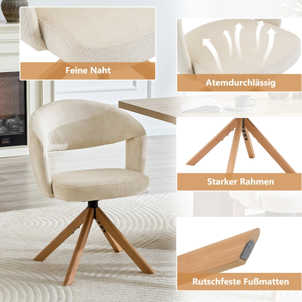Sedia da Pranzo Set da 2 Girevole con Schienale Ergonomico e Rotazione Silenziosa, in Tessuto e Legno Massello Bianco, Legno