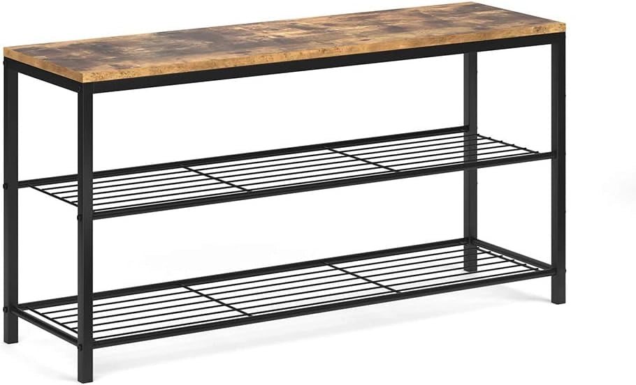 Panca scarpiera da ingresso Fyrk, Legno antico, 100 x 51.5 cm, con due ripiani per una conservazione ordinata delle scarpe