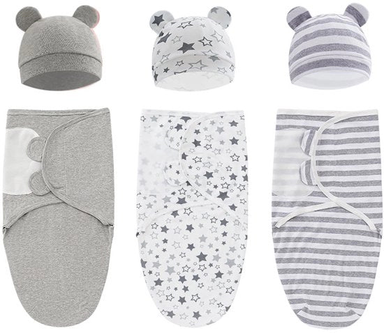Set di coperte per neonati - Inclusa cuffia - Adatto per bambini da 0 a 1 anno - Set a 3 pezzi - Telo di cotone soffice e puro per fasce per neonati - Adatto sia per bambini che per bambine - Stile 1