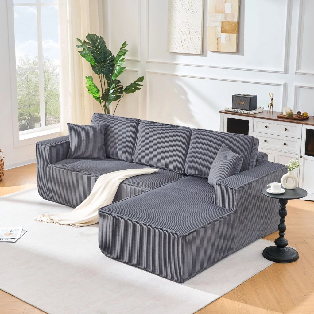 Divano modulare a L con chaise longue; 235x128x60 cm; in corduroy grigio