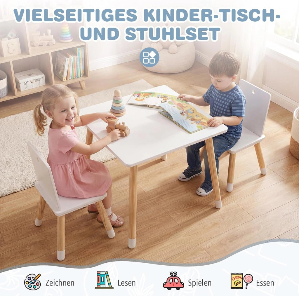 Set Tavolo e 2 Sedie per Bambini, con Gambe in Legno di Pino, Set Tavolo Attività, Mobili di Legno per Giocare Imparare Mangiare, Bianco