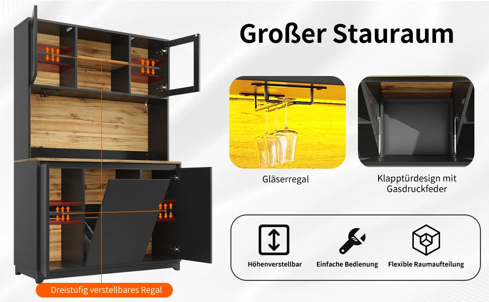Mobile da cucina 120x40x180 cm, nero, con ante in acrilico e illuminazione LED