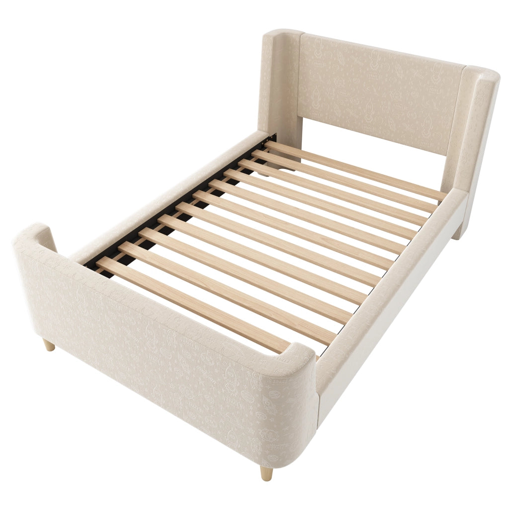 Letto singolo per bambini 90x200 cm stile slitta in velluto beige con rete a doghe