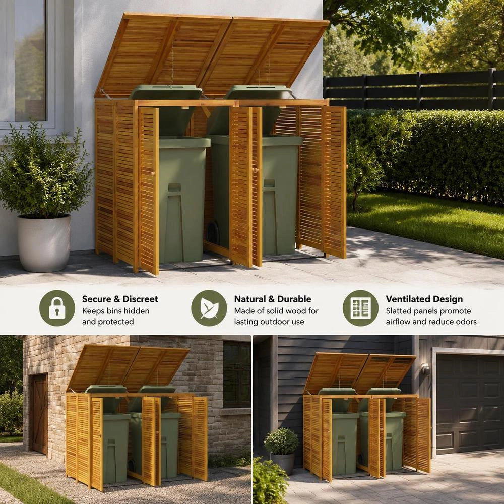 Bin Storage Unit For 2 Bins, 140x89x117 Cm, Solid Acacia Wood