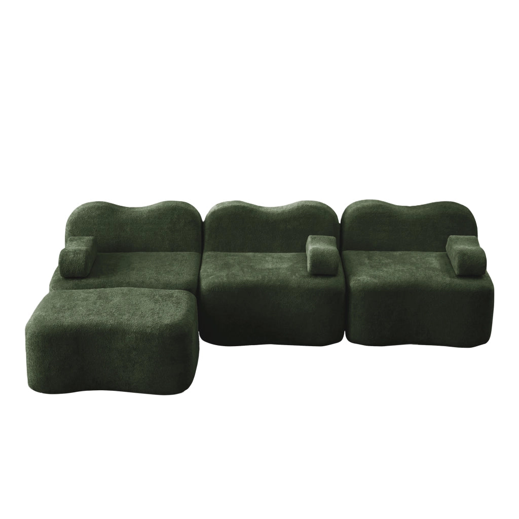Divano angolare modulare 3 posti con pouf; seduta profonda e braccioli mobili in velluto verde