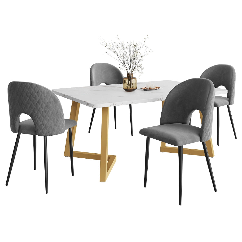 Set da pranzo 5 pezzi con sedie imbottite; schienale con motivo a rombi; velluto grigio