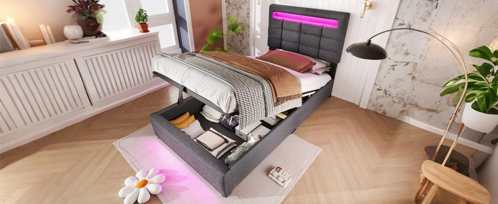 DESMIU Letto contenitore 90 × 200 cm 1 posto con LED, USB, vano idraulico, senza materasso, lino, grigio