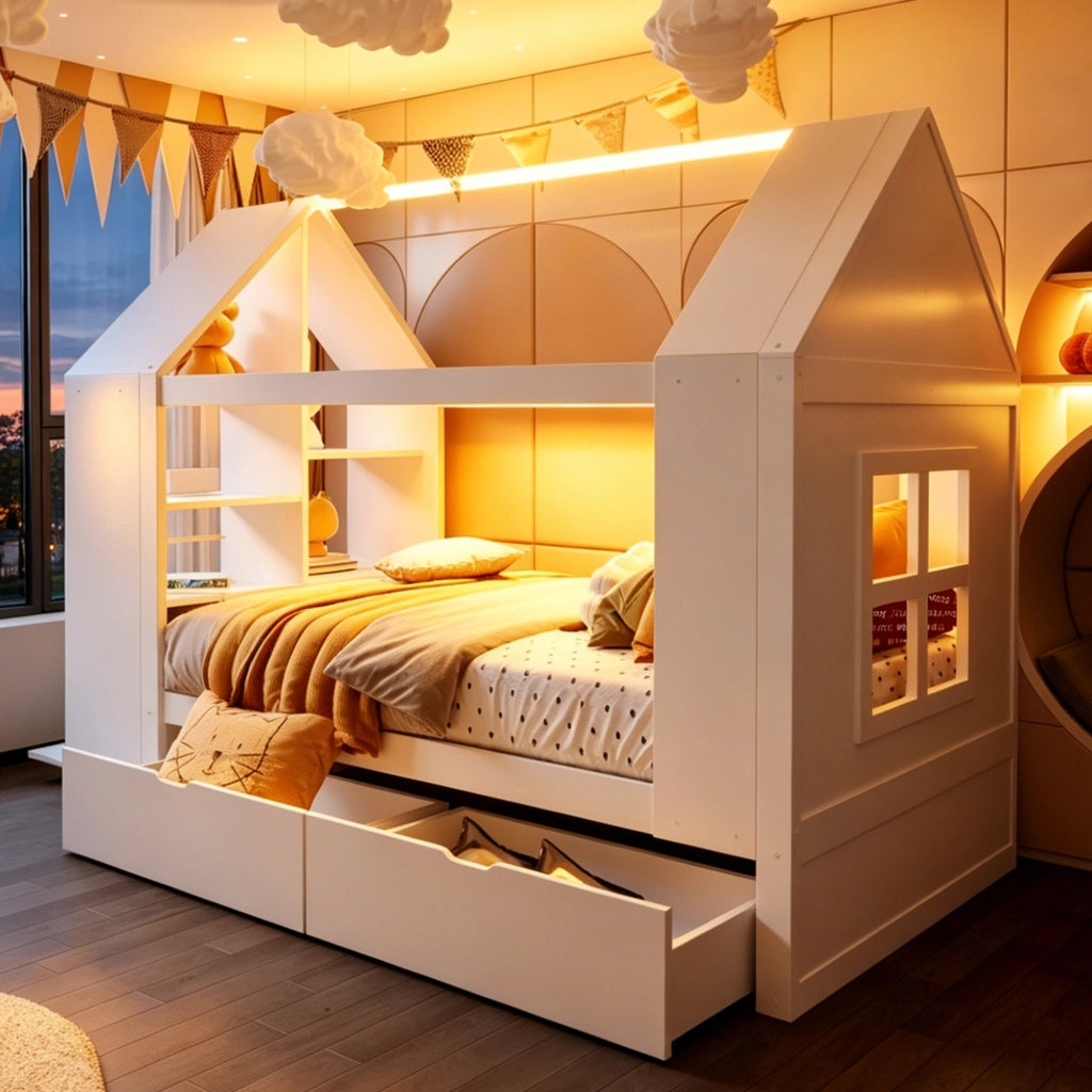 LETTO a casetta 90x200 cm in legno massello e MDF bianco
