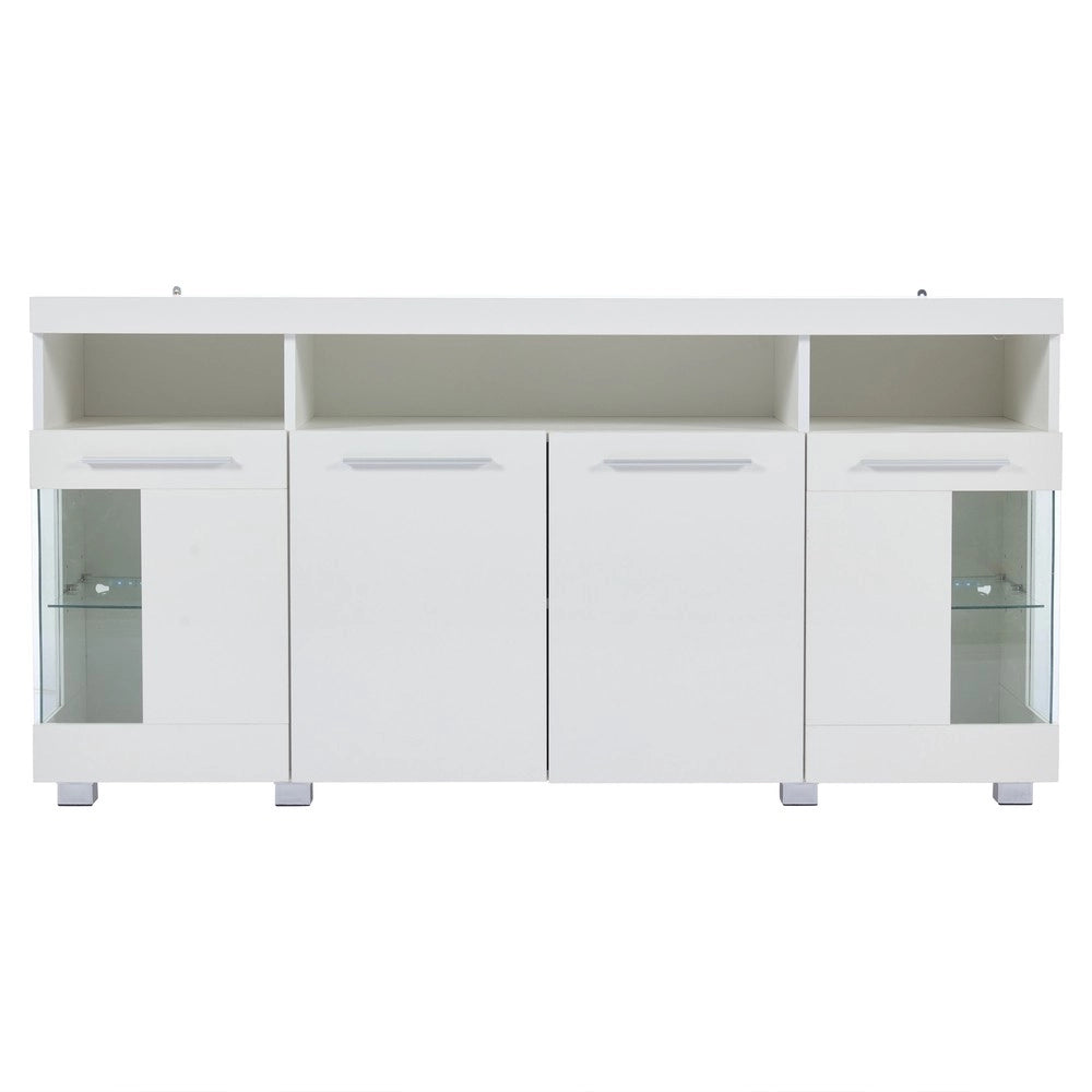 Tavolino da Salotto ¨C MINIMAL ¨C Vetro Temperato, Bianco Lucido, LED, 140x40x70 cm