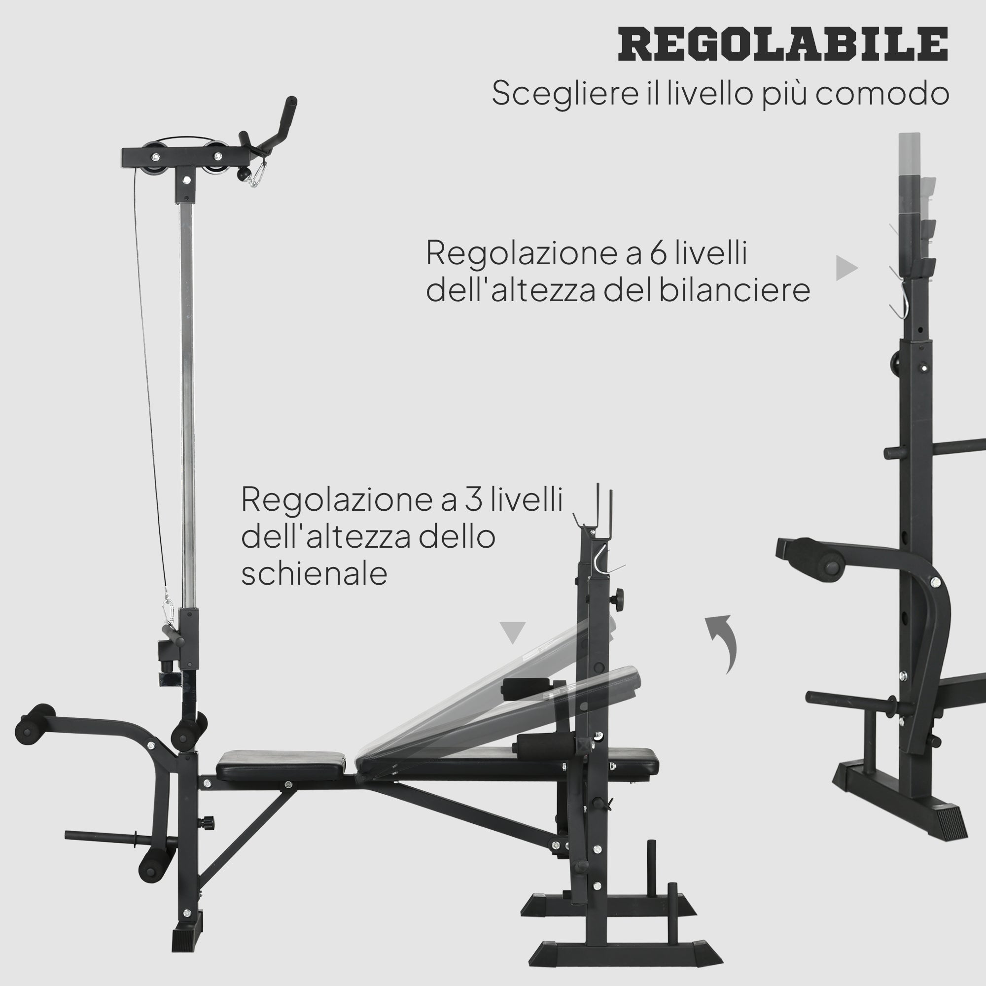 Panca Fitness 180x134x200 cm con Leg Press Squat Rack e Leg Extension in Acciaio e PU Nero e Argento