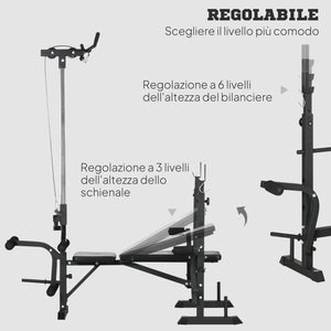 Panca Fitness 180x134x200 cm con Leg Press Squat Rack e Leg Extension in Acciaio e PU Nero e Argento