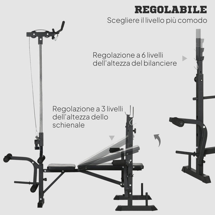 Panca Fitness 180x134x200 cm con Leg Press Squat Rack e Leg Extension in Acciaio e PU Nero e Argento