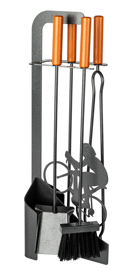 Trespolo per Attrezzi Camino Sagoma Ciclista con Paletta Scopino Attizzino e Pinza 15,6x23,5x65 cm in Ferro e Legno