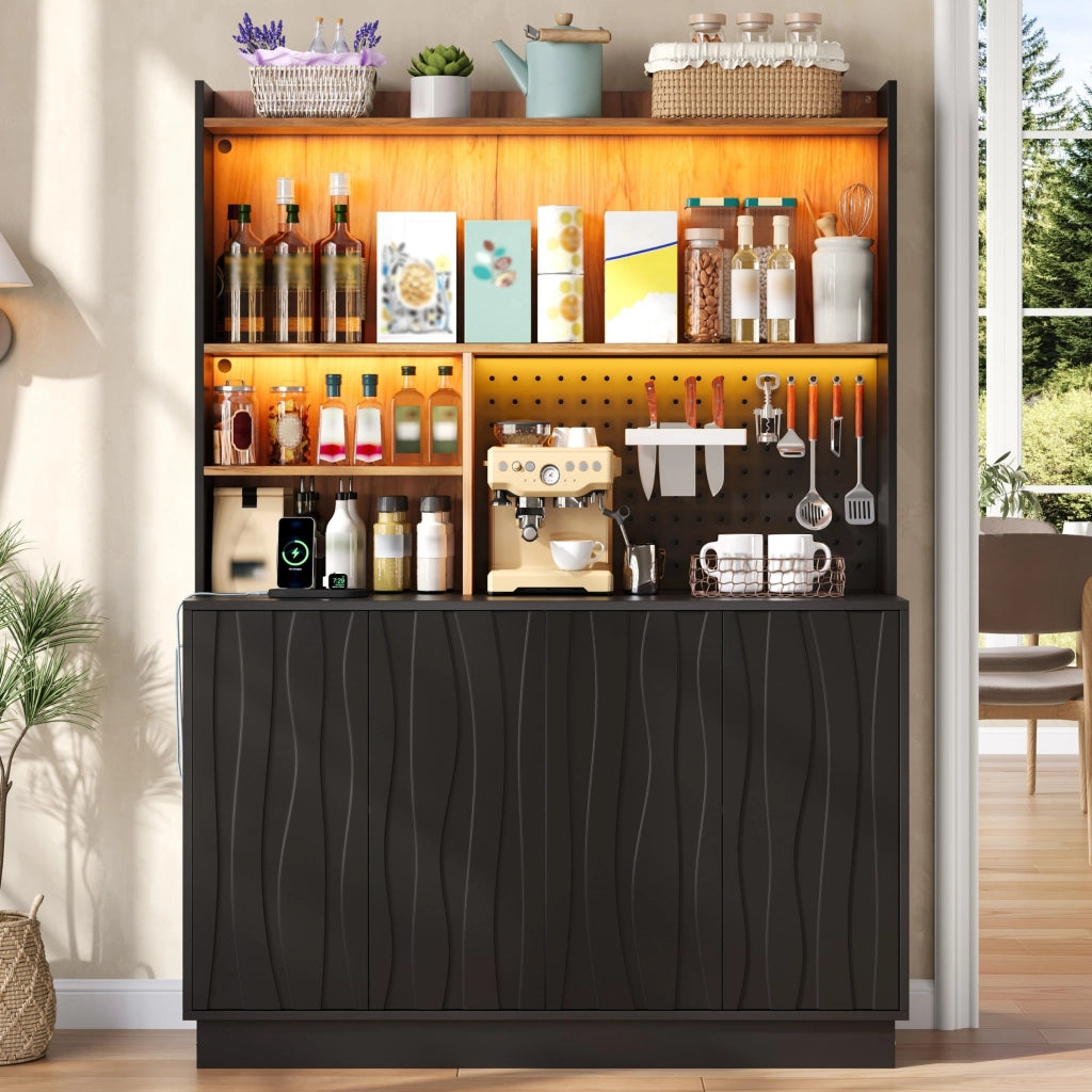 Mobile da cucina con LED RGB e prese USB; 120x43x160 cm in MDF nero e naturale