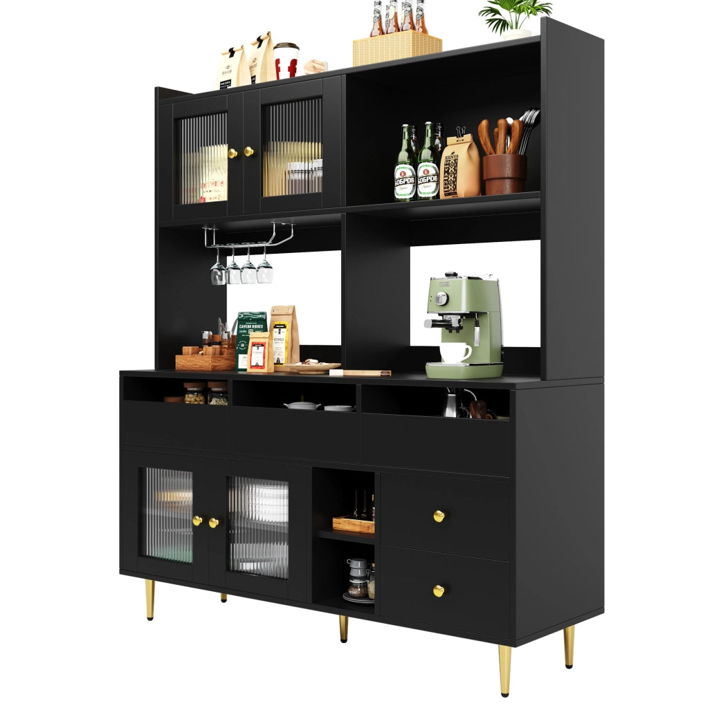 Credenza alta 145x39x171 cm con ante in vetro Changhong; portabottiglie e ripiani multipli in MDF nero