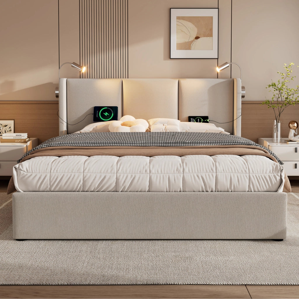 Letto matrimoniale 180x200 cm con contenitore; luce da lettura LED e USB; in lino beige