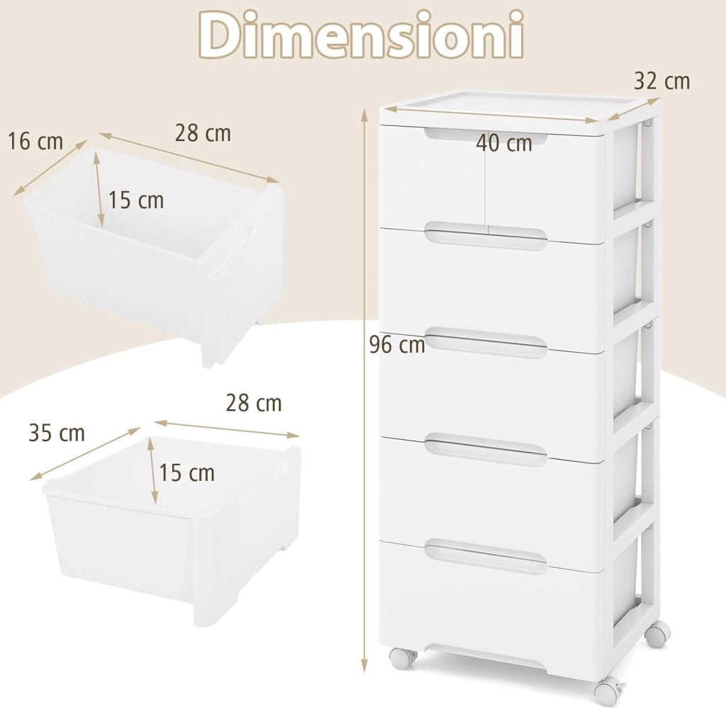 Carrello di Stoccaggio con Ruote, Cassettiera Verticale con Cassetti, Armadietto Contenitore di Stoccaggio, Organizzatore di Plastica per Casa Ufficio (5 cassetti)