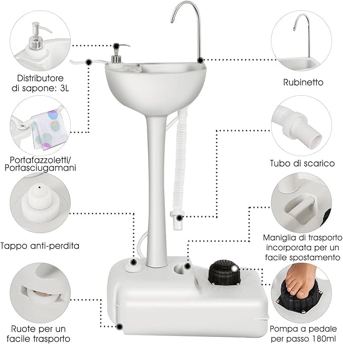 Lavandino da Campeggio con Pompa a Pedale, Lavandino Portatile con Serbatoio d'Acqua da 17L, Dispenser Sapone, Portasciugamani e Ruote (50 x 34 x 102cm)
