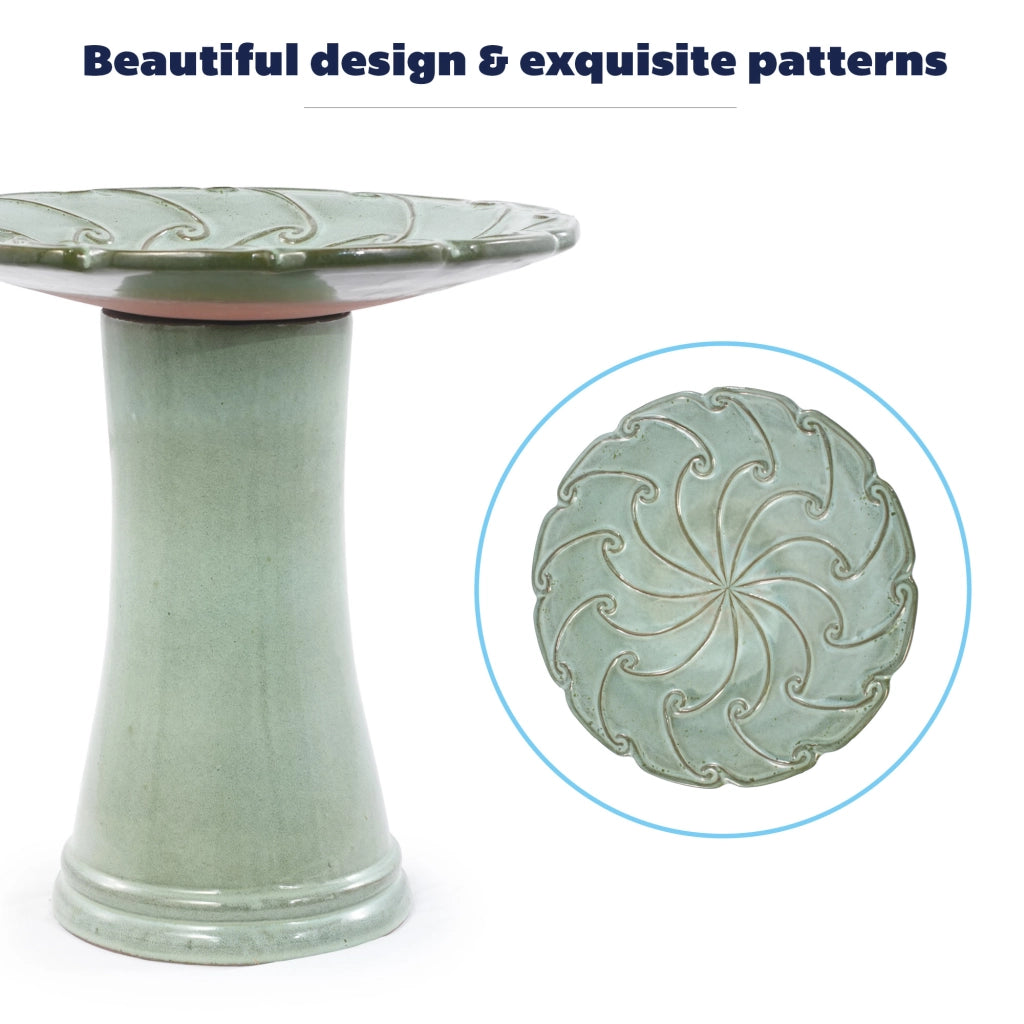 Fontana da giardino in ceramica fatta a mano con vasca ampia e base alta smaltata verde chiaro Ø 43 × 45 cm