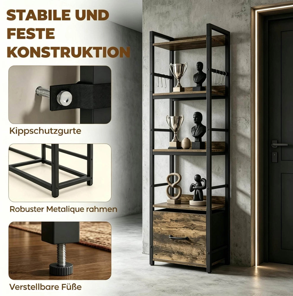 Libreria stretta 4 ripiani con cassetto e 8 ganci