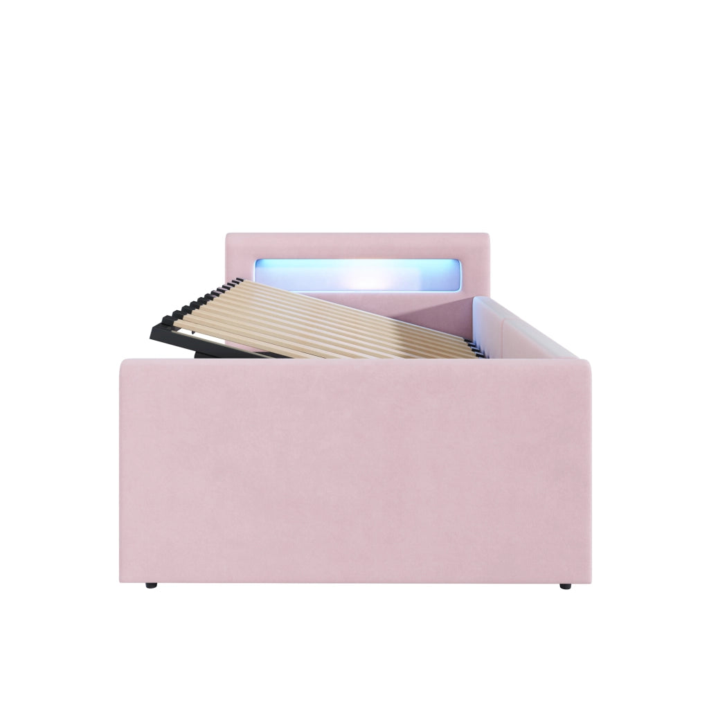 DESMIU Letto per Bambini 1 Posto con Contenitore Idraulico, USB, LED e Mensola 90 × 200 cm, Senza Materasso, Rosa
