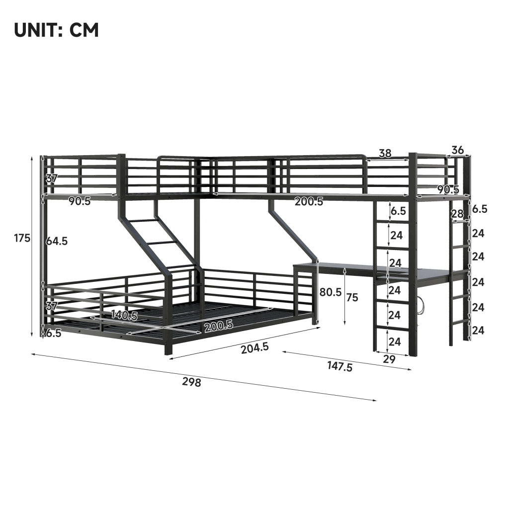 Letto a Castello 90x200 cm e 140x200 cm; 3 Posti - Scrivania; USB e Type-C - Nero