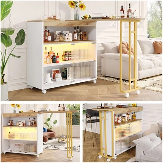 Tavolo da Cucina Telescopico con Spazio di Deposito - Tavolo Cucina Moderno - Tavolo Cucina Portatile con LED - Tavolo Cucina - Tavolo Bistrot - Tavolo Alto - Isola Cucina - Tavolo Bistrot - (138-204×39×105cm) - Bianco e Oro