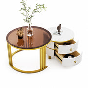 Tavolino da caffè set di 2; 70x70x45 cm e 50x50x40 cm; design rotondo con 2 cassetti; vetro e MDF bianco