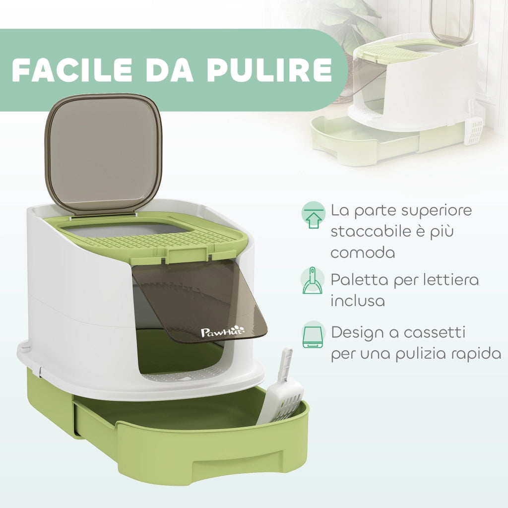 Lettiera Chiusa per Gatti a 2 Porte 40,5x52,5x42,5 cm con Vassoio Estraibile Paletta e Filtri Verde e Bianco