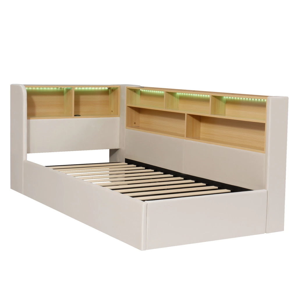 Letto a baldacchino 90x200 cm con contenitore idraulico, testiera con LED, USB-C e tessuto effetto velluto beige