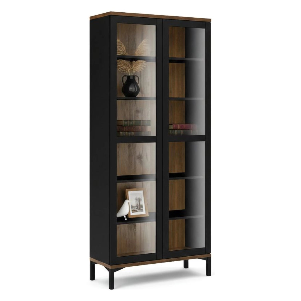 Vetrina Hudhud, Credenza espositiva, Vetrinetta multiuso, Madia da soggiorno, 89x36 h203 cm, Nero e Noce