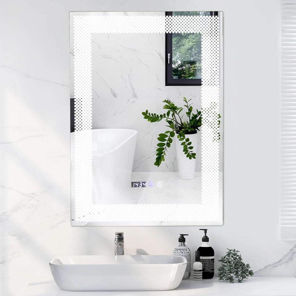 Specchio LED a Parete 70x50cm, Specchio da Bagno HD Antappannamento con 3 Luci Colori, Funzione Memoria Lettura di Tempo e Temperatura, Specchio rettangolare Intelligente IP44