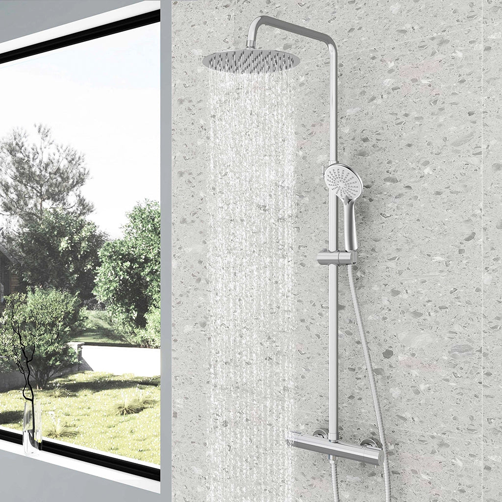 AICA Colonna doccia con miscelatore termostatico, rubinetto doccia cilindro 28x4cm, soffione doccia rotondo 25x25cm in acciaio inox cromato