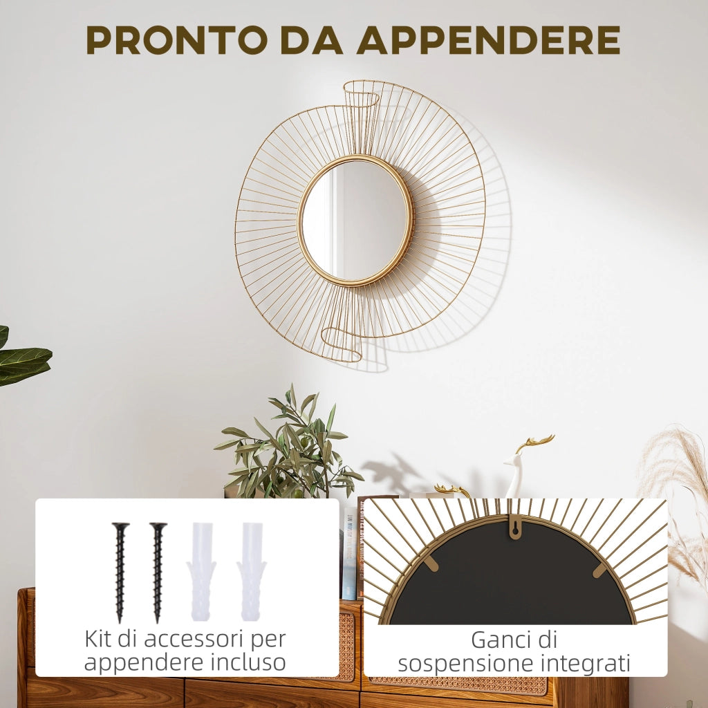 Specchio da Parete Rotondo Ø60 cm con Drappeggio in Metallo e Design Plissettato Oro
