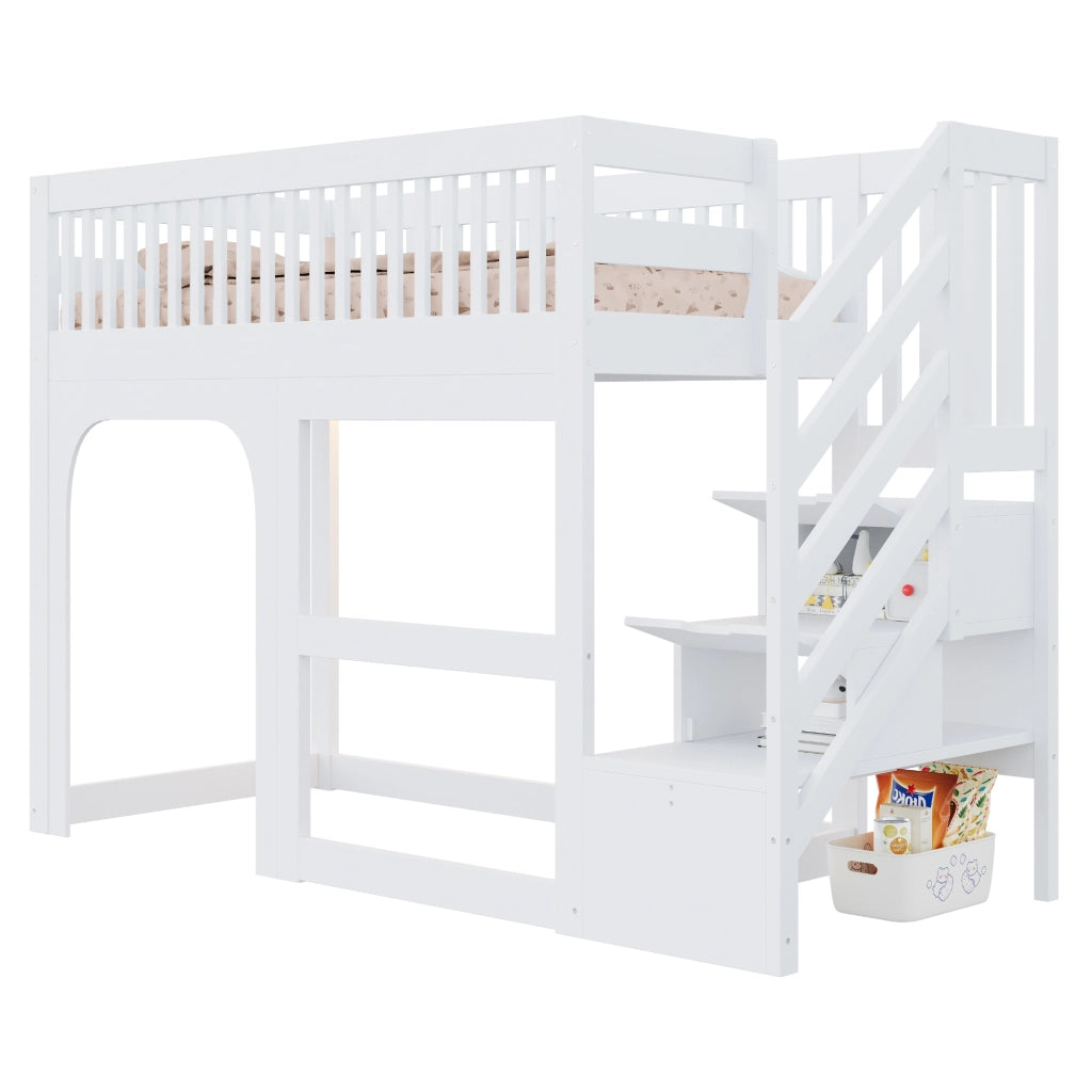 Letto a soppalco a casetta 90x200 cm con porta; finestra; scala contenitore; area gioco; LED e rete; legno bianco