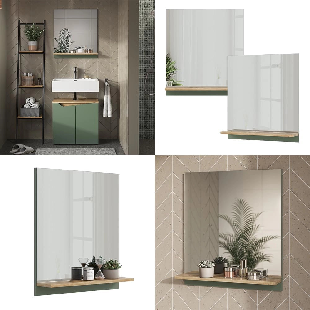 Specchio da bagno Marelle, Verde/Artigianale, 60 x 67 cm con ripiano, adatto per il montaggio a parete in ambienti umidi