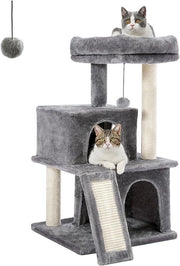 Casa per gatti con maniglia in legno di sicurezza, letto in piuma, casa di gioco con buchi e giocattoli per gatti in colore grigio