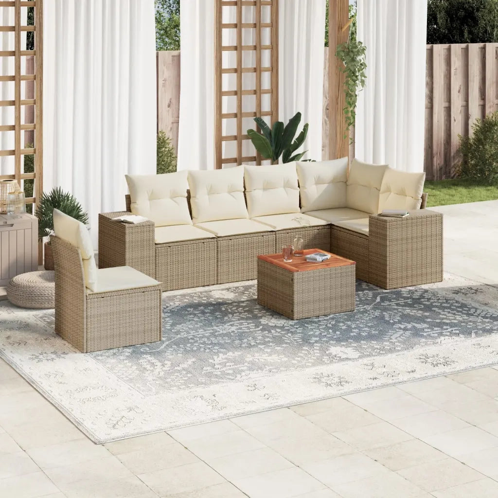 Set Divani da Giardino 7 pz con Cuscini Beige in Polyrattan