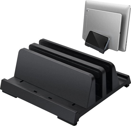 Stand per laptop verticale, standard ABS per laptop, 3-in-1 standard per laptop per risparmiare spazio con 2 slot, per laptop fino a 17,3 pollici (nero)